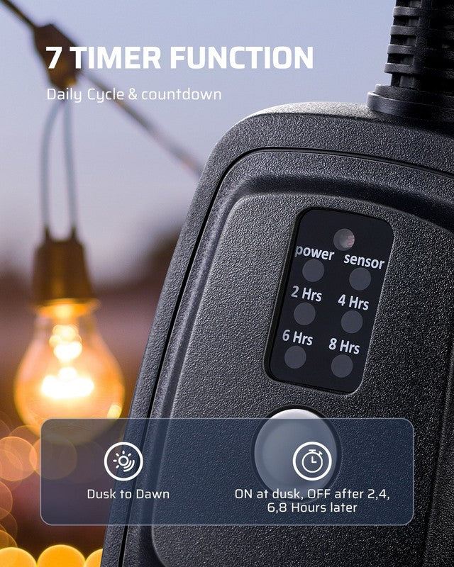 Outdoor Light Sensor Timer w/ Remote, 2 Outlets, 100FT Range, Waterproof Plug in2