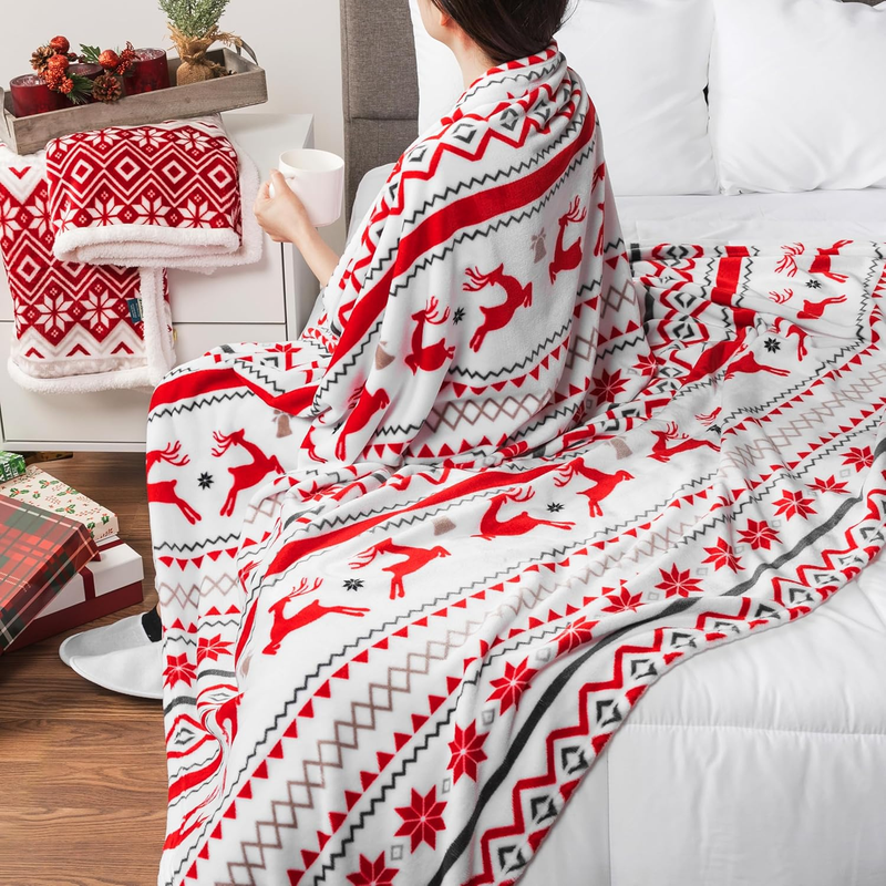 Christmas Throw Blanket White Reindeer Snowflake Fleece Soft Warm Plush 50"x60"8