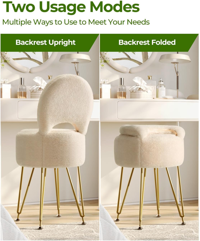 Faux Fur Vanity Stool Chair w/Storage Folding Back Ottoman Camel4