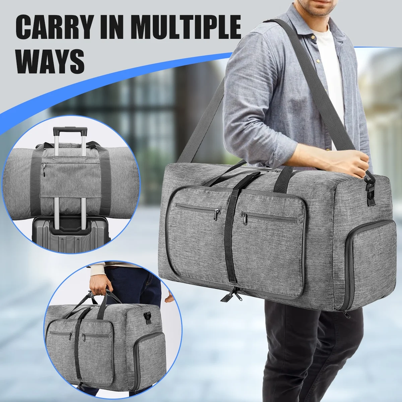 65L Foldable Travel Duffle Bag w/Shoe Compartment Waterproof Gray2