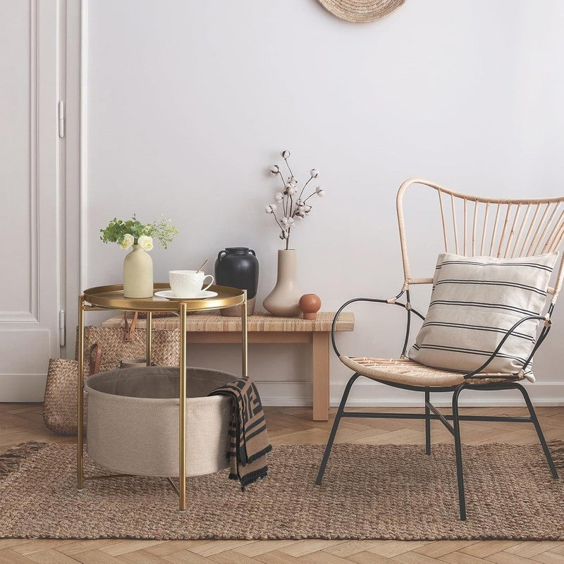 Round Side Table Nightstand with Fabric Basket & Removable Tray Gold5