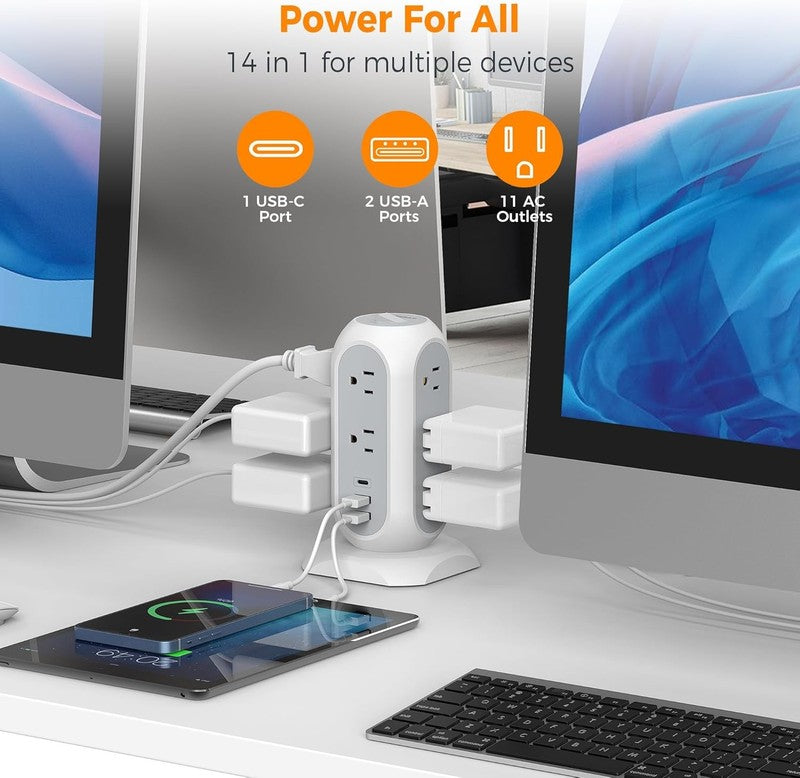Tower Power Strip Flat Plug with 11 Outlets 3 USB (1 USB C),  Surge Protector To5
