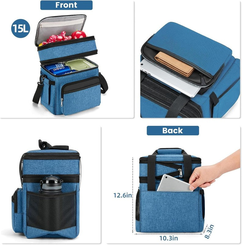 Insulated Lunch Bag & Box 15L Double Deck Reusable Cooler Tote Leakproof Blue2