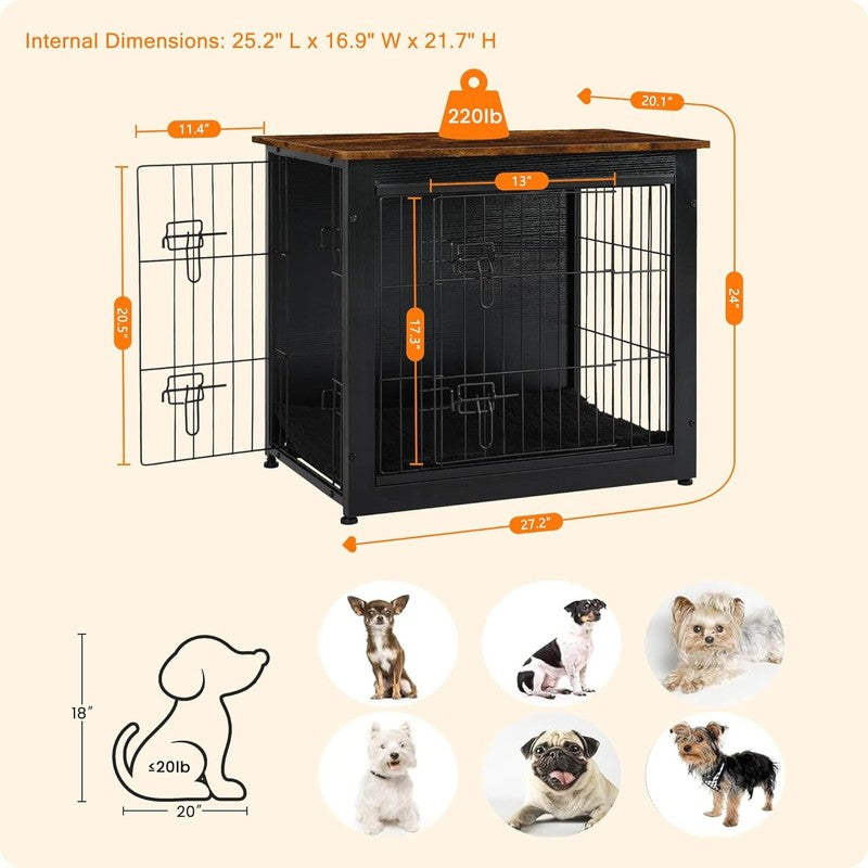 Dog Crate Furniture Table w/Cushion Wooden Kennel Double Door 27.2" Black/Brown2