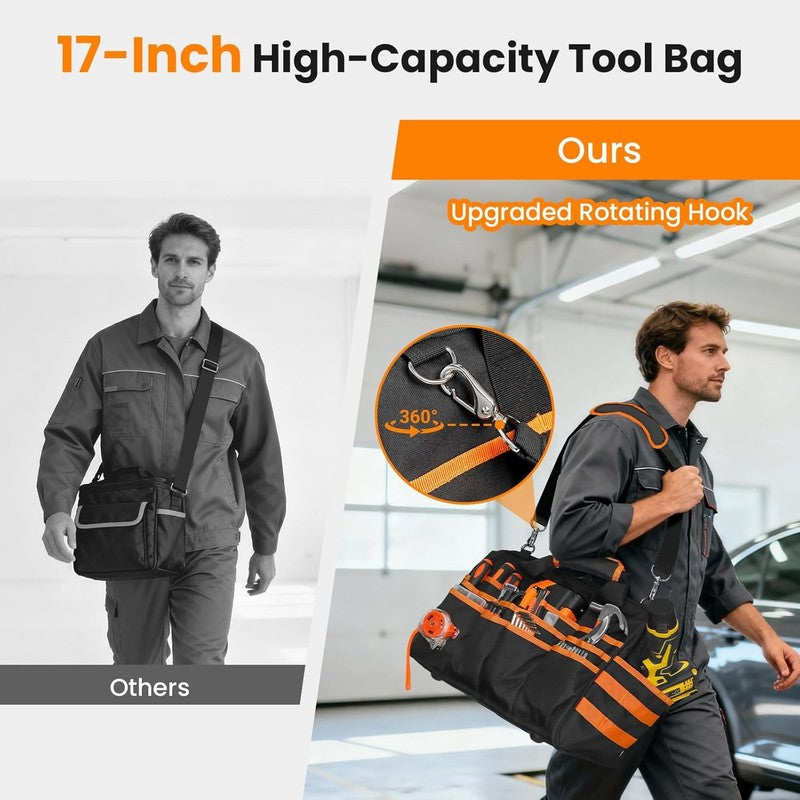 17" Heavy Duty Tool Bag Multi-Pocket Waterproof Organizer Black-Orange5