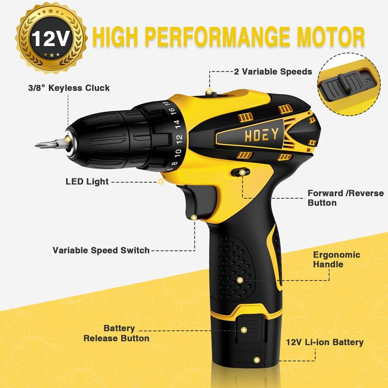 12V Cordless Drill Set Electric Screwdriver Tool Kit 1 Battery & Charger Bag3