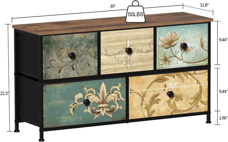 5 Drawer Fabric Dresser Retro Floral Chest Storage Organizer for Bedroom Closet2