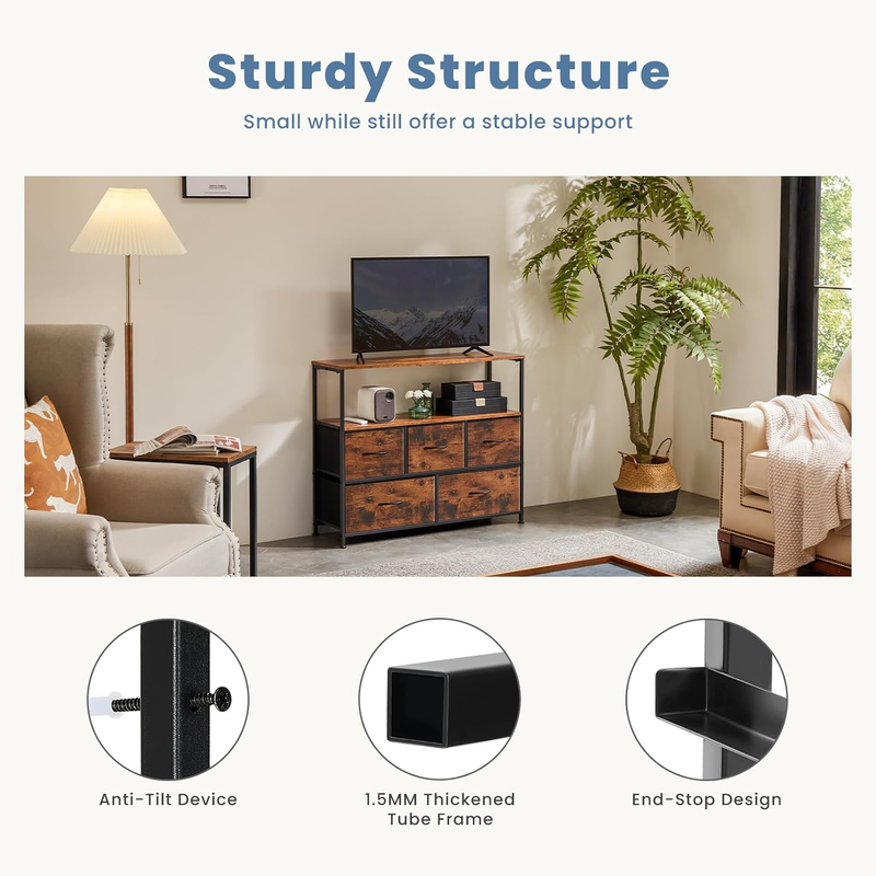 Rust TV Stand Dresser 5 Fabric Drawers Media Console 45" TV Compact Storage Unit6