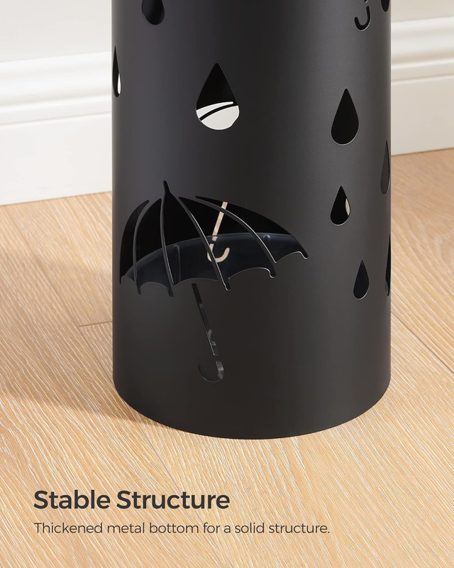 Metal Umbrella Stand Round w/ Water Tray 4 Hooks 16.1" Ink Black ULUC024B017