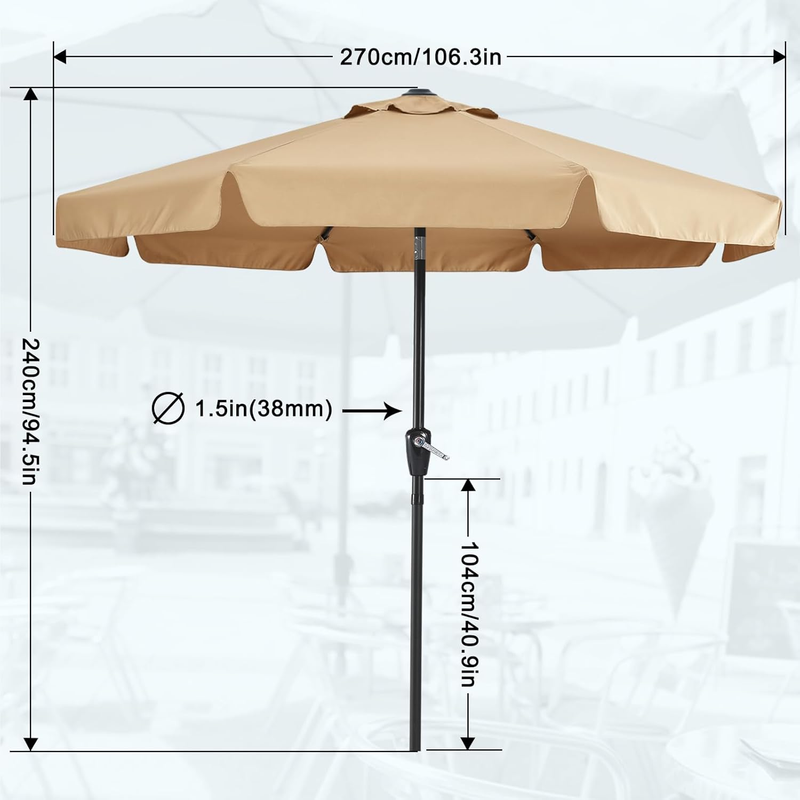 9FT Patio Umbrella with Crank Tilt 8 Ribs UV Fade Resistant Khaki2