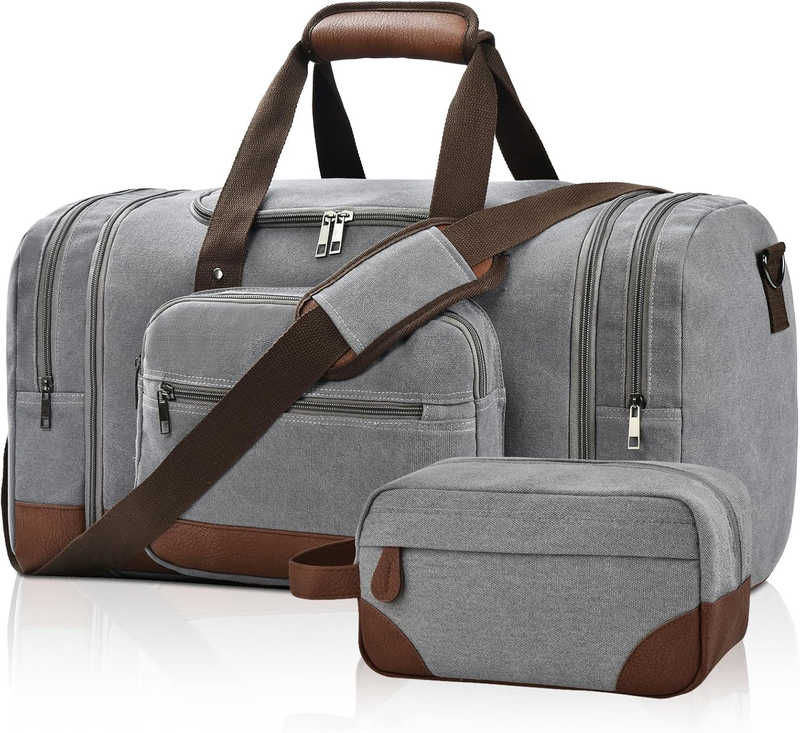 50L Canvas Duffle Bag Grey w/ Toiletry Bag Travel Gym Weekender Carry On10