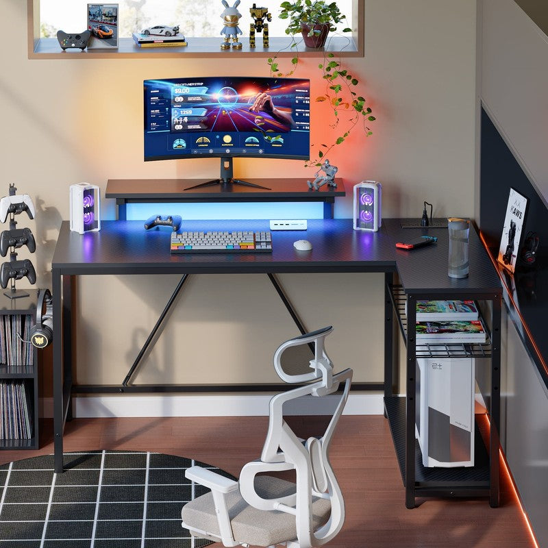 52" L-Shaped Gaming Desk LED with Power Outlet & Monitor Stand Carbon Fiber5