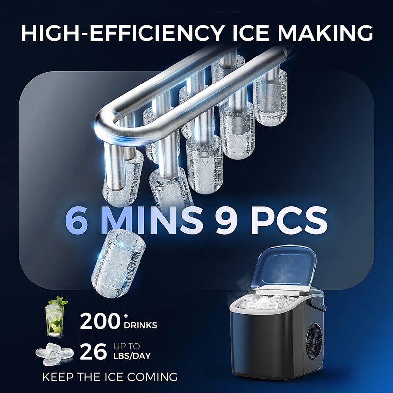 Countertop Ice Maker 9 Bullet Shaped Ice in 6 Min, Auto Cleaning 26 Lbs/24H2