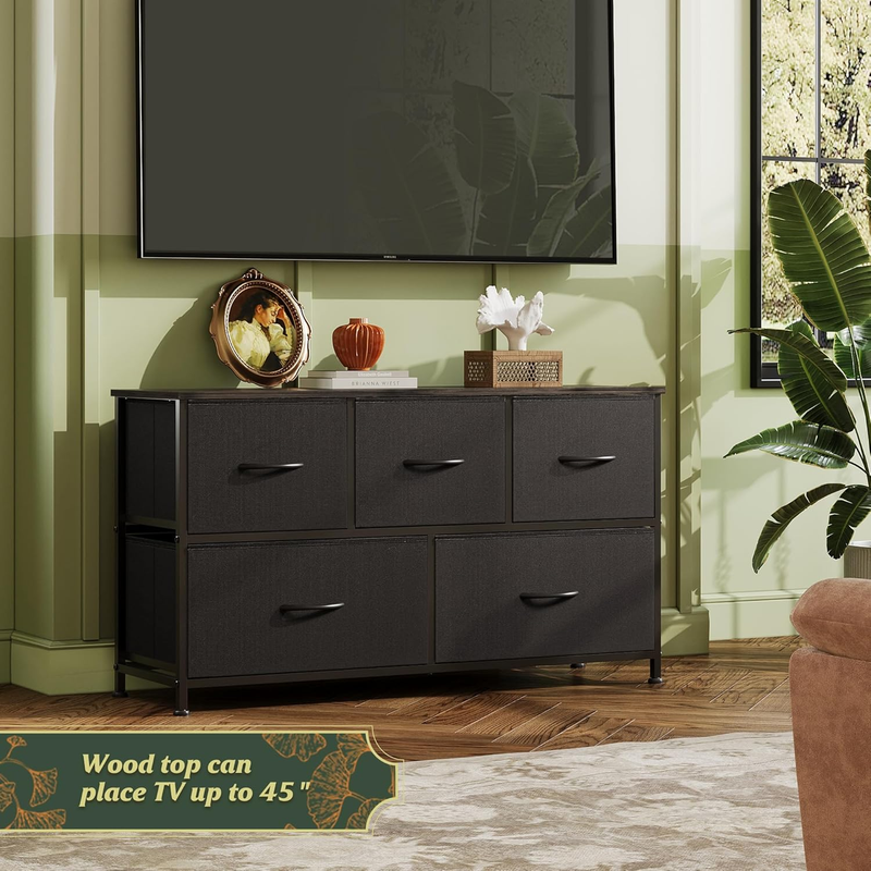 5 Drawer Fabric Dresser Chest Storage Organizer Bedroom Closet Charcoal Black7