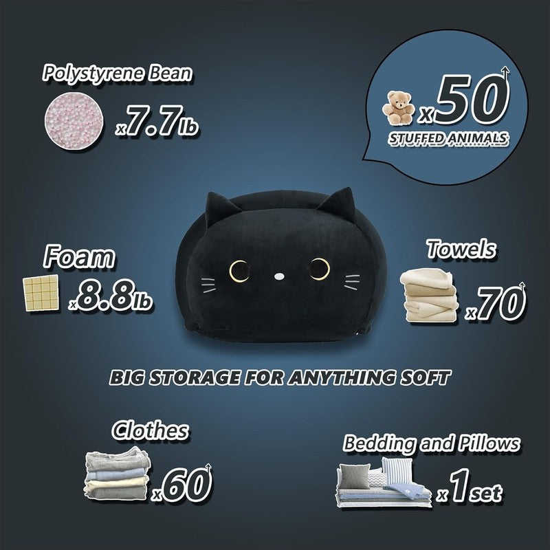 Stuffed Animal Storage Bean Bag Cover Kids Black Cat Toy Organizer Large5