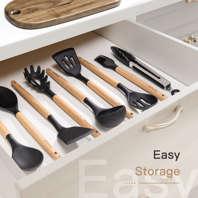 38PCS Silicone Kitchen Utensil Set Wooden Handle Heat Resistant Black7