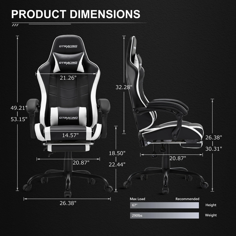 Ergonomic Gaming Office Chair GTWD 200 Adjustable Pillows Footrest White2