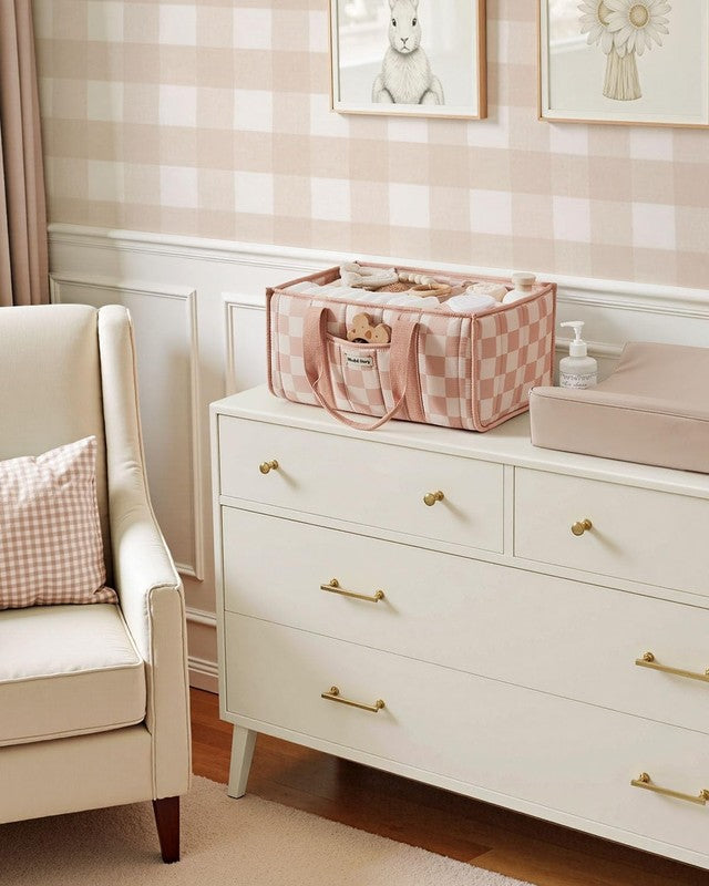 Checkered Diaper Caddy Organizer Nursery Storage Basket Pink Baby4