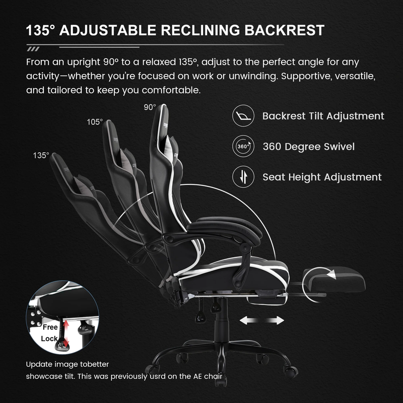 Ergonomic Gaming Office Chair GTWD 200 Adjustable Pillows Footrest White6