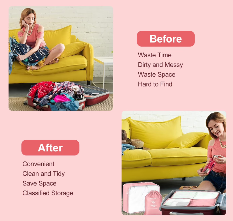 Packing Cubes 9 Set Travel Organizers Clothes Shoes Toiletry Bag Pink1
