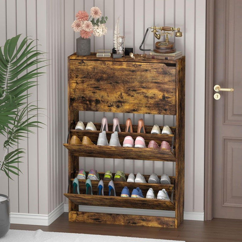 47'' Shoe Cabinet 3 Flip Drawers Slim Wood Storage Rack Organizer Entryway Brown4