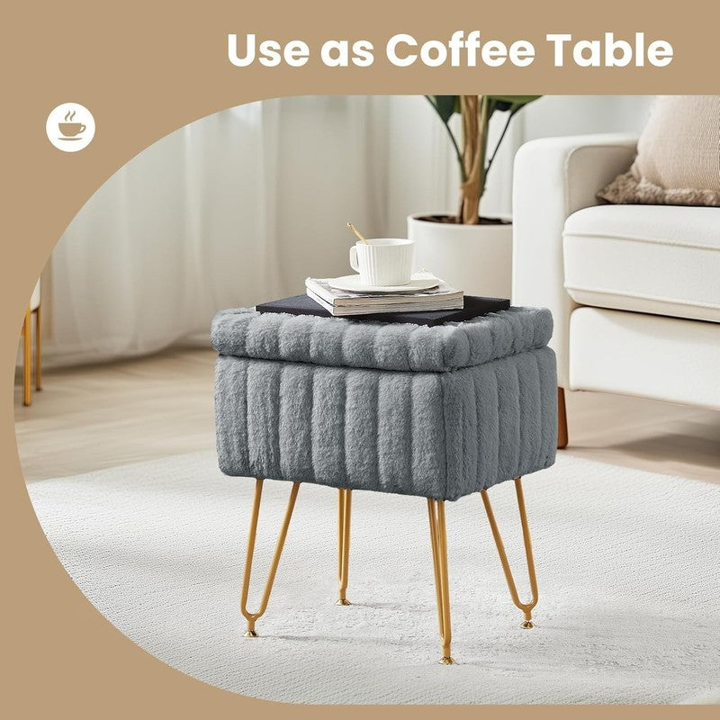 Vanity Stool Ottoman with Storage Faux Fur Seat Footrest Chair 4 Metal Legs Gray5