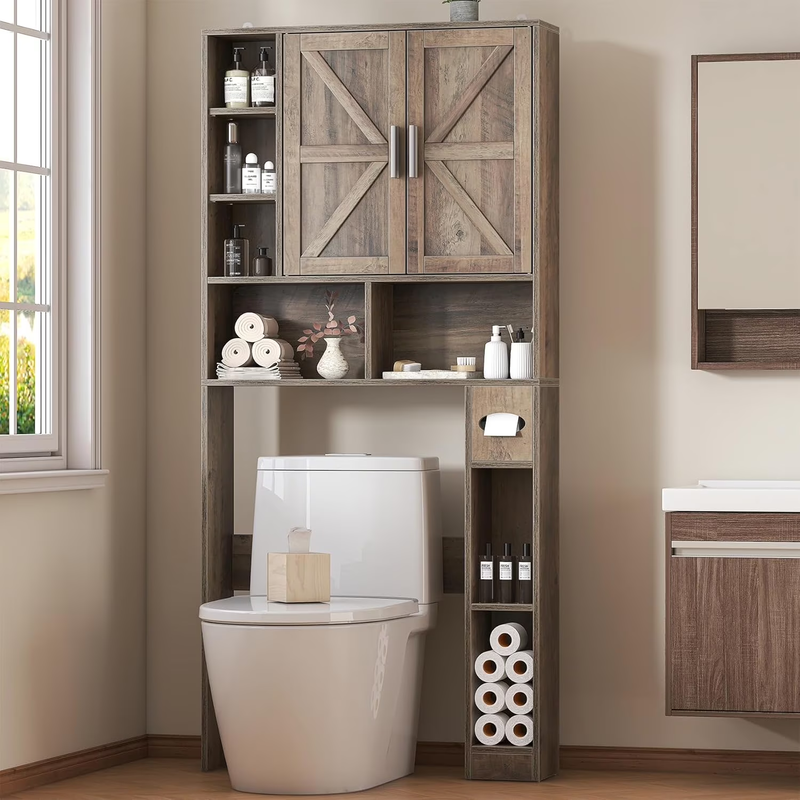 Farmhouse Over-Toilet Cabinet with 2 Barn Doors, 10 Adjustable Shelves & Tissue10