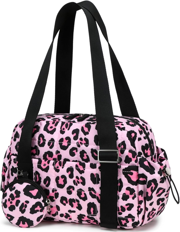 Mini Gym Bag Women Quilted Duffel Wet Compartment Coin Purse Leopard 12.6"5