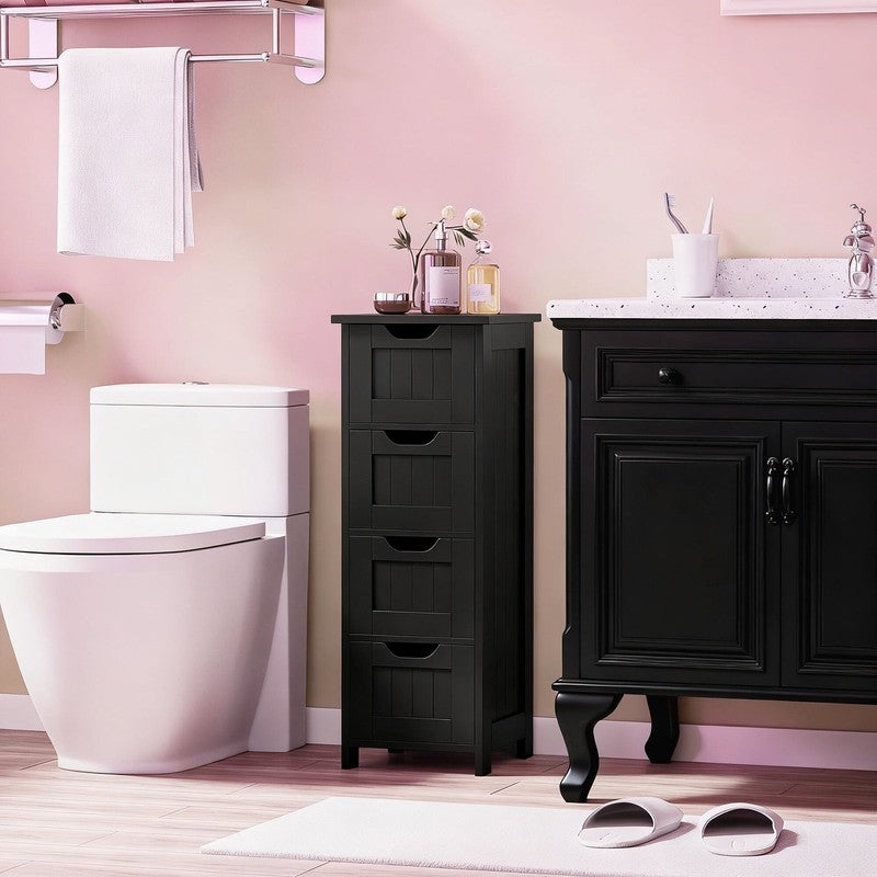 Bathroom Floor Cabinet Wood Free Standing Storage Organizer with 4 Drawers Black5