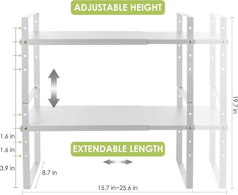 Expandable Cabinet Shelf Organizer 2 Pack Stackable Kitchen Rack White4