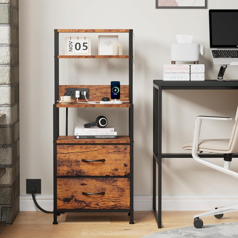 Tall Nightstand 4 Tier w/ 2 Fabric Drawers & Charging Station Rustic Brown6