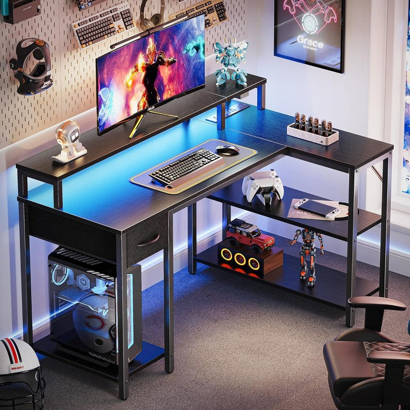 47'' L Shaped Gaming Desk LED Lights Power Outlets Reversible Black1