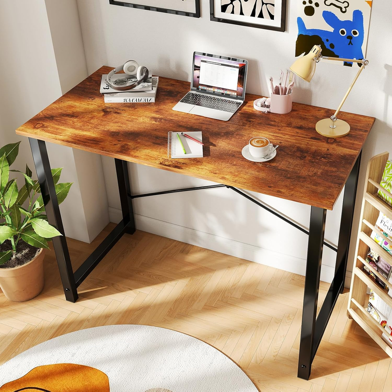 40in Computer Desk Small Writing Study Gaming Desk Modern Brown Metal Frame1