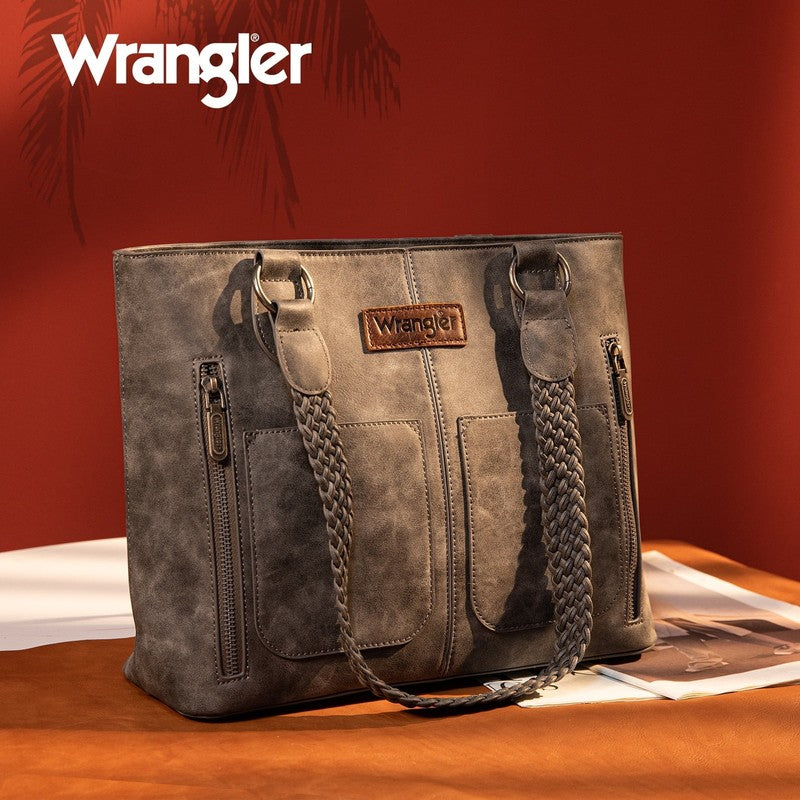 Wrangler Distressed Tote Bag Women Western Purse Multi Pocket Shoulder Bag Grey2