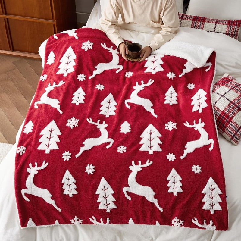 Christmas Throw Blanket Sherpa Deer Warm Couch Sofa Red 50"x60"1