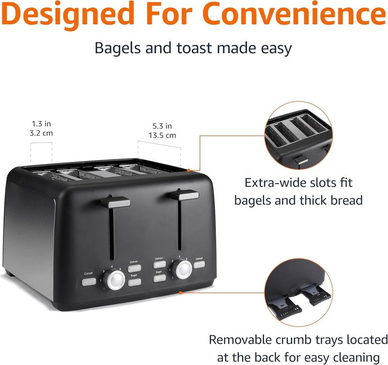 4 Slice Toaster Black & Silver - Wide Slots, 7 Shades, Bagel, Defrost, 1500W2