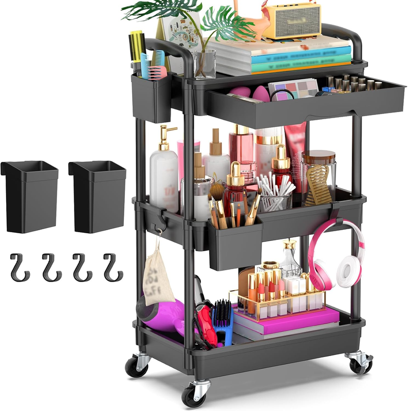 3-Tier Rolling Utility Cart with Drawer, Black Storage Cart with Wheels8
