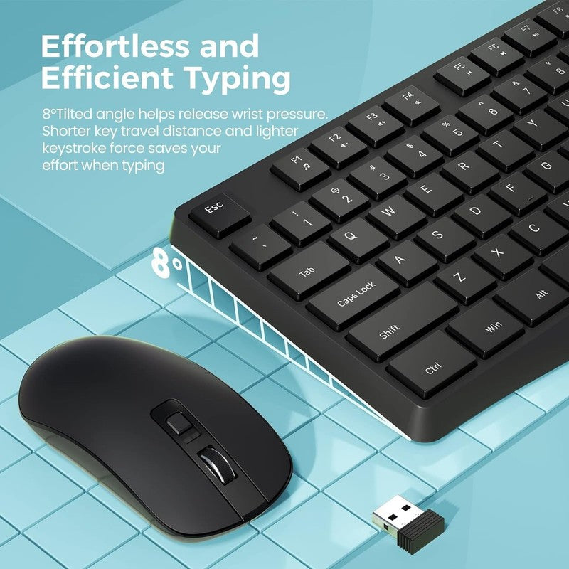 Wireless Keyboard and Mouse Combo, 104 Full-Size Adjustable Keyboard with Batter3