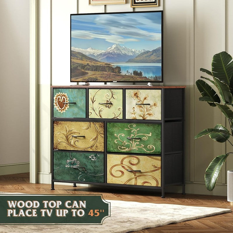 7 Drawer TV Stand Dresser Floral Painted Metal Frame Wood Top Storage Chest3
