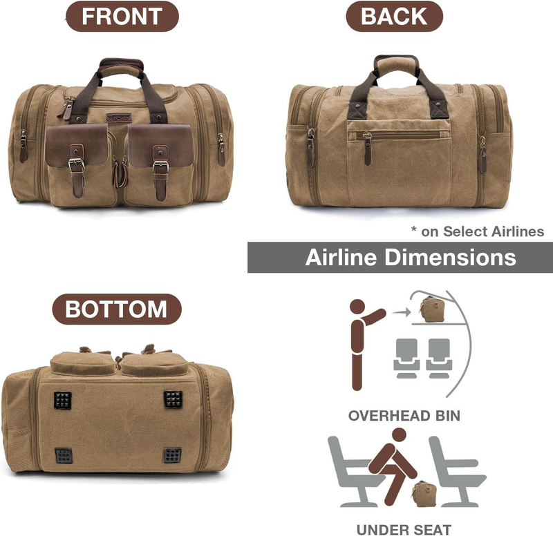 50L Expandable Travel Duffel Bag Canvas Leather Weekender Carry On Bag4