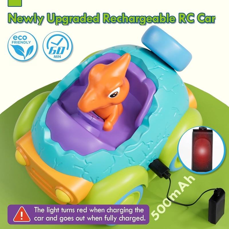 RC Dinosaur Car Toy for Toddlers – Rechargeable Remote Control Car with1