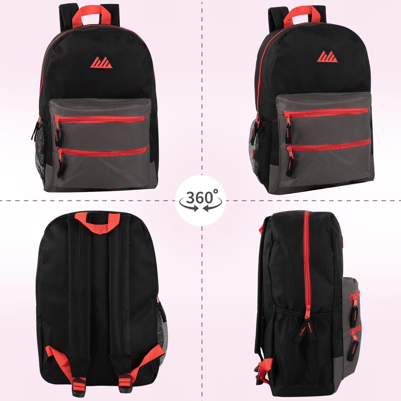 Black Red Multipocket Backpack 17" Travel School Commuter3