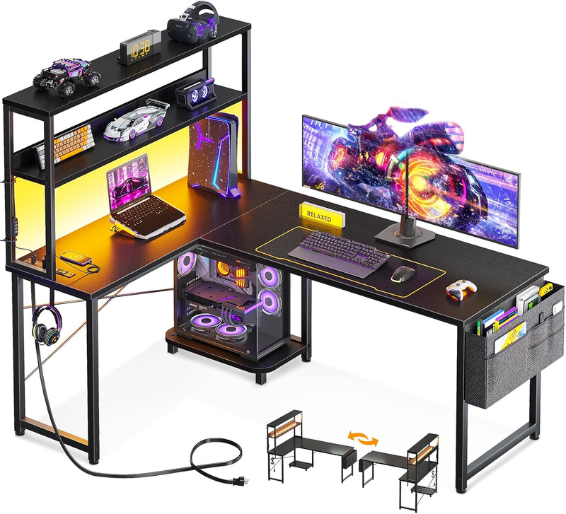 53in L Shaped Gaming Desk Reversible Corner Desk with Storage Shelves Black0