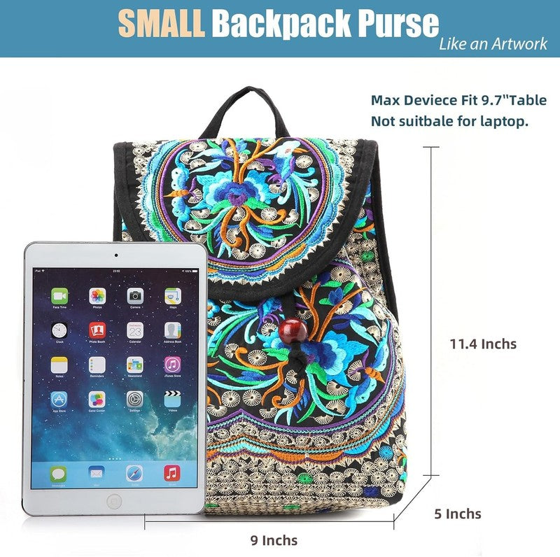 Women Embroidered Backpack Boho Floral Mini Travel Shoulder Bag Lightweight Blue6