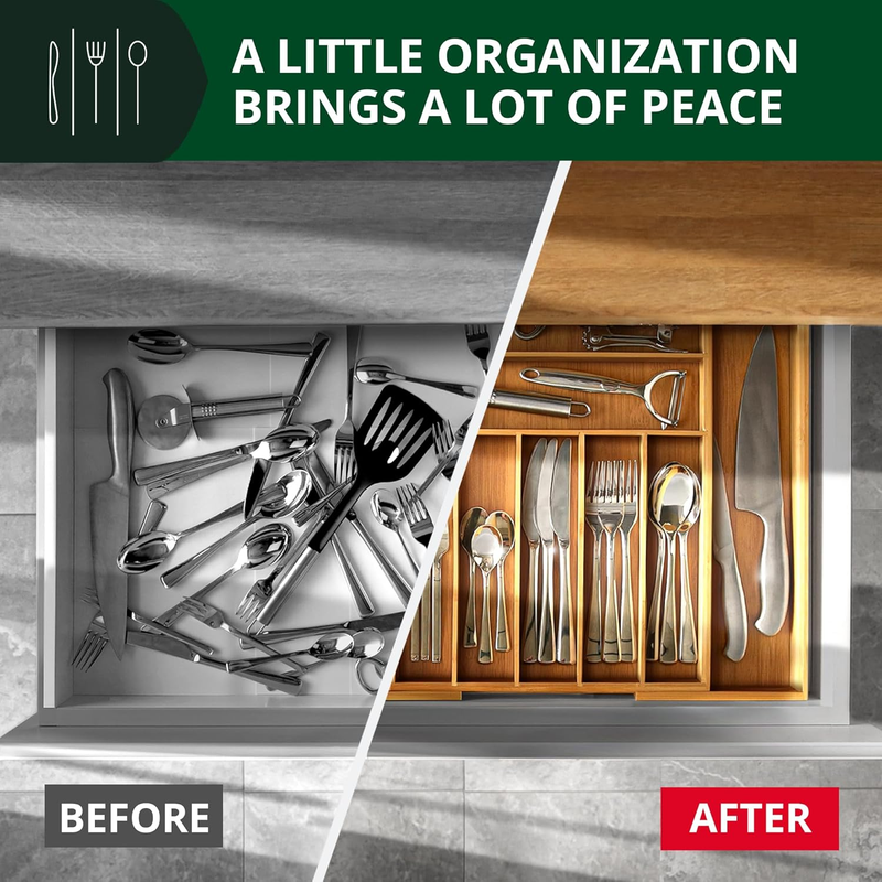 Bamboo Kitchen Drawer Organizer 9 Slot Silverware Cutlery Tray Natural2