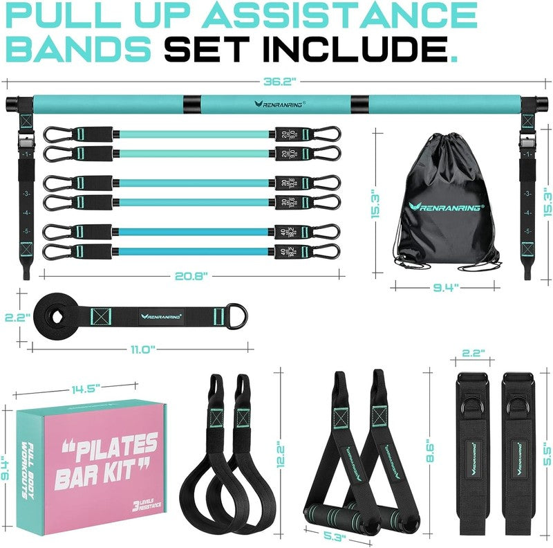 Pilates Bar Kit w/ Resistance Bands Adjustable Metal Buckle Full Body Blue6