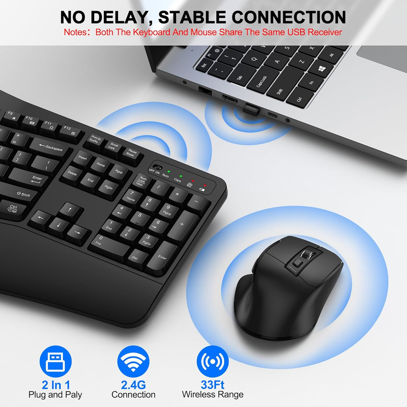 Wireless Keyboard and Mouse Combo, 2.4G Full Size Wave Keys Ergonomic Keyboard w4