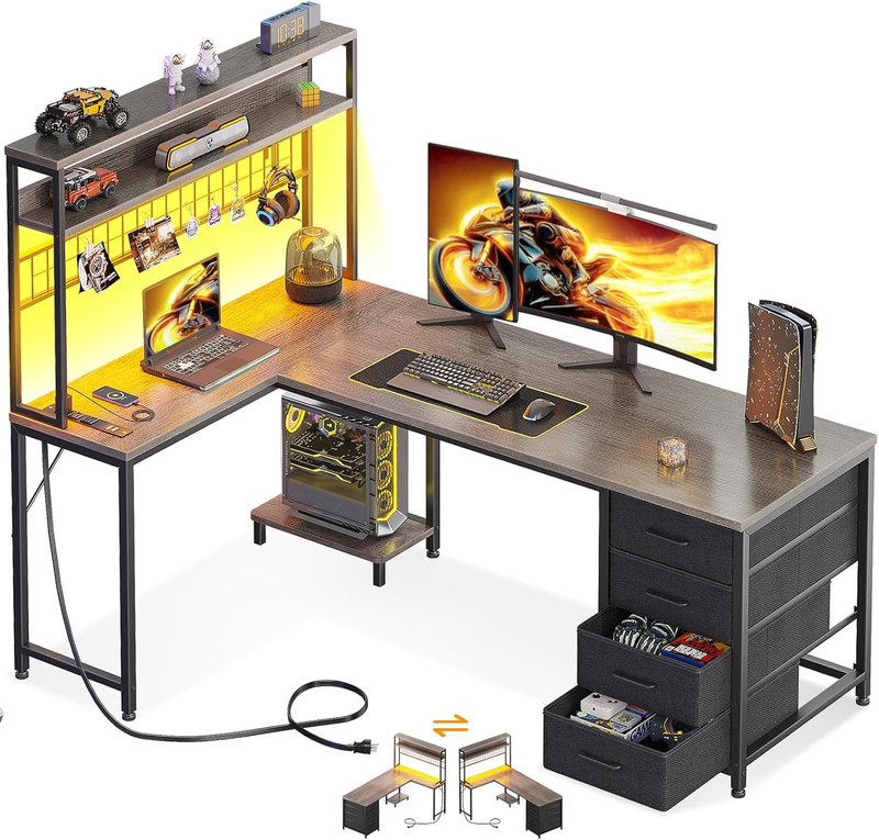 L Shaped Gaming Desk 59in Reversible Desk with 4 Drawers Grey LED Desk10
