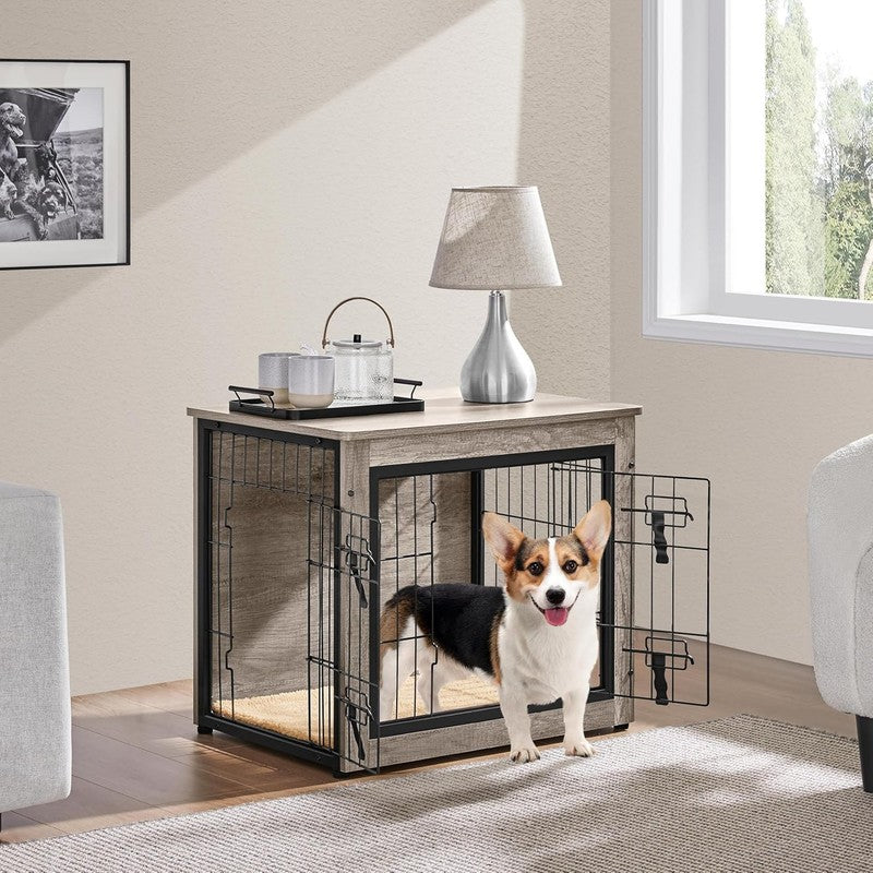 Wooden Dog Crate Table 27.5" w/Cushion Double Door Small/Medium Dogs Greige1