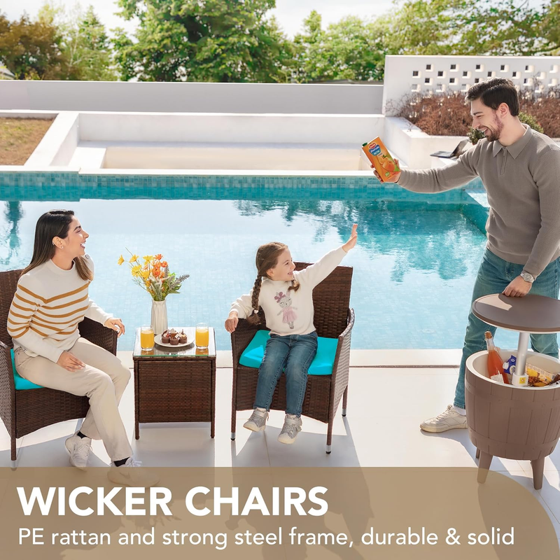 3 Piece Patio Furniture Set PE Rattan Table Outdoor Set Brown Blue Patio Porch1